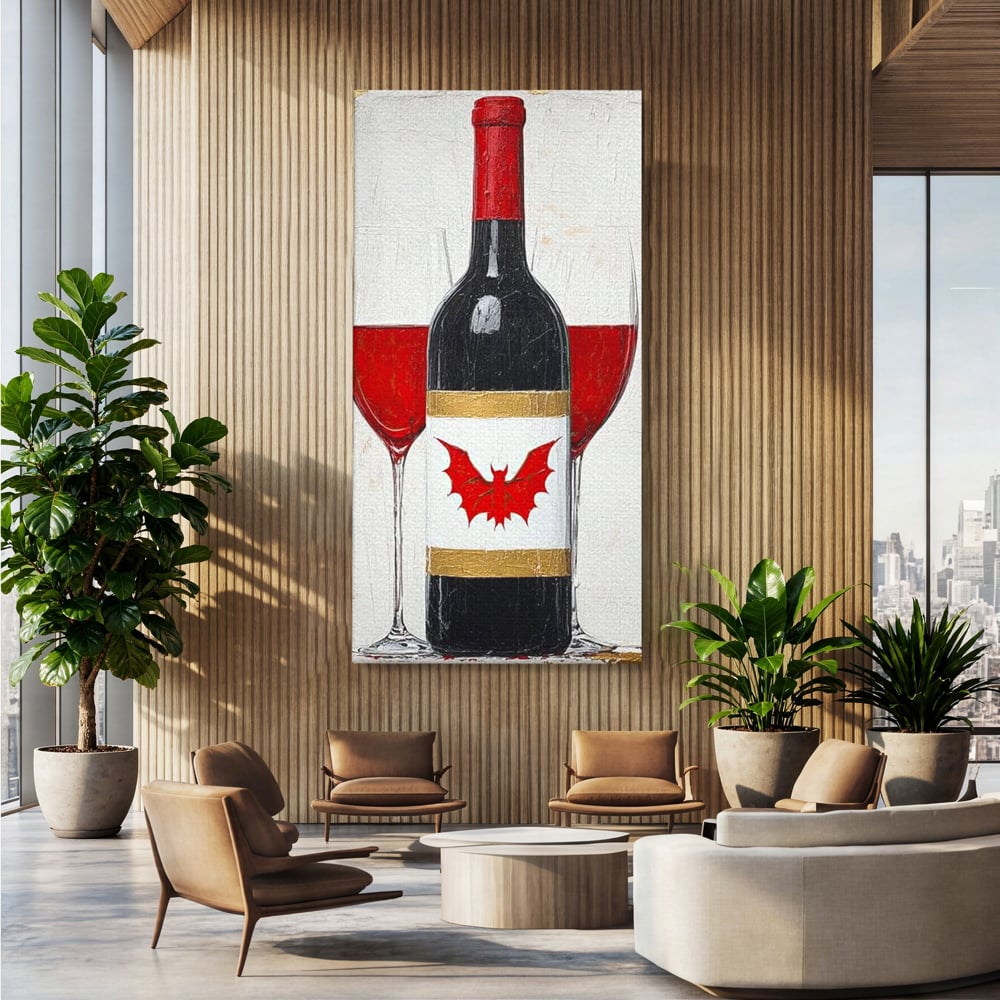 Tablou canvas cu tablou canvas cu sticla de vin si lilieci, fara rama, pe sasiu de lemn, pe perete intr-un birou